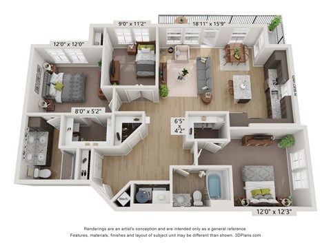 Floor plan for 3 beds, 2 baths, 1285 sqft
